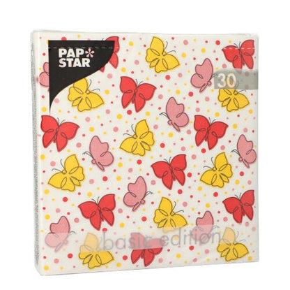 A pack of 30 napkins from PAPSTAR GmbH, 3-ply, 1/4-fold, 33x33 cm with a butterfly motif in red, yellow, and pink on white with colorful dots. Each pack contains 30 napkins of the Basic Edition.