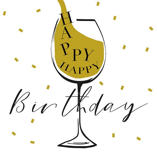 A wine glass filled with golden liquid, inside "HAPPY" and below in cursive "Birthday". Golden confetti scattered on white – perfectly matched with 30 napkins, 3-ply 1/4-fold (33x33 cm) from PAPSTAR GmbH for celebrations.