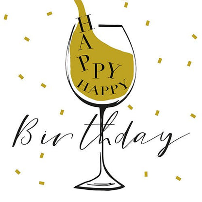 A wine glass filled with golden liquid, inside "HAPPY" and below in cursive "Birthday". Golden confetti scattered on white – perfectly matched with 30 napkins, 3-ply 1/4-fold (33x33 cm) from PAPSTAR GmbH for celebrations.
