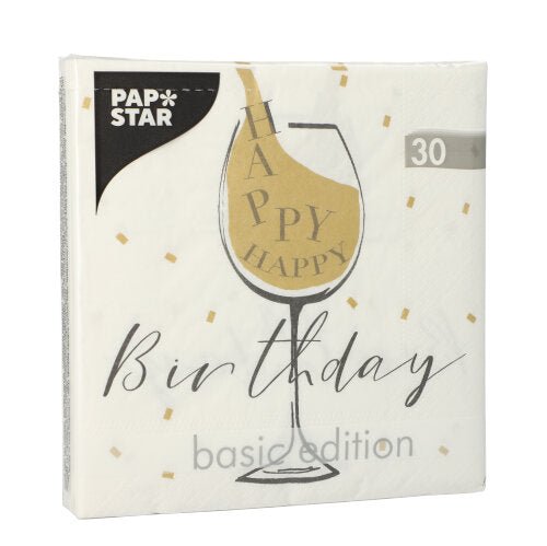 A pack of 30 3-ply napkins (33x33 cm, 1/4-fold) from PAPSTAR GmbH with a wine glass, "HAPPY" and golden confetti as well as "Birthday Basic Edition" print on the front.