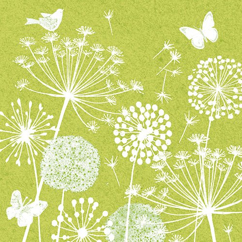 White line drawings of dandelion seed heads, butterflies, and a bird float on a green background. 30 napkins, 3-ply, 1/4-fold, 33 x 33 cm, from PAPSTAR GmbH lend an elegant touch to any set table.