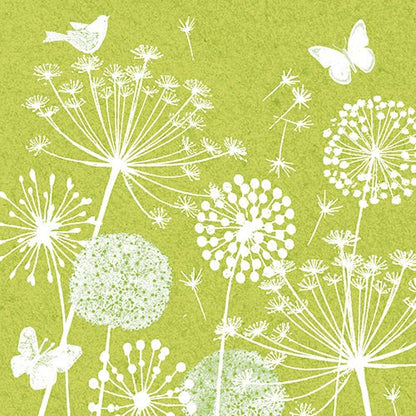 White line drawings of dandelion seed heads, butterflies, and a bird float on a green background. 30 napkins, 3-ply, 1/4-fold, 33 x 33 cm, from PAPSTAR GmbH lend an elegant touch to any set table.