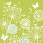 White line drawings of dandelion seed heads, butterflies, and a bird float on a green background. 30 napkins, 3-ply, 1/4-fold, 33 x 33 cm, from PAPSTAR GmbH lend an elegant touch to any set table.