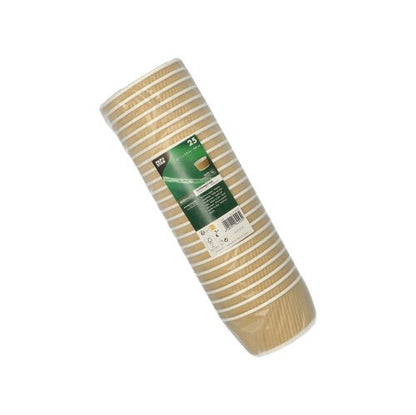 A pack of 25 PAPSTAR round soup cups, brown/white, 11 cm ripple wall disposable cups from PAPSTAR GmbH is made of clear plastic with a green-white label.