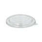 The Starpak 25 lid for R-PET round soup cups by Starpak is a transparent, round lid made of eco-friendly R-PET with a slightly raised center and a tab for easy removal, depicted against a plain white background.