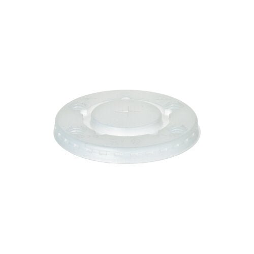 The Starpak 150 Lid PS is a transparent, round polystyrene lid (Ø 9 cm, 1 cm high) with a cross-slot opening, textured grip edge, and four evenly distributed indentations. Package contents: 150 pieces.