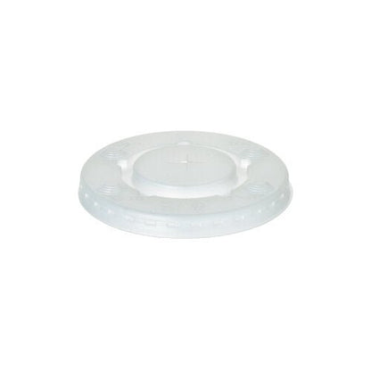 The Starpak 150 Lid PS is a transparent, round polystyrene lid (Ø 9 cm, 1 cm high) with a cross-slot opening, textured grip edge, and four evenly distributed indentations. Package contents: 150 pieces.
