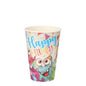 The 10 cardboard drinking cups (0.2 L, Ø 7 cm, 9.7 cm) from PAPSTAR GmbH are decorated with cartoon monsters and the words “Happy Birthday” in colorful print, making them perfect for parties. Presented on a simple white background.