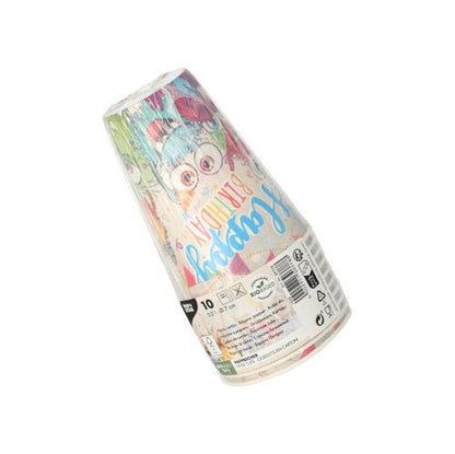 The PAPSTAR 10 drinking cups (0.2 L, Ø 7cm, 9.7cm) from PAPSTAR GmbH are colorful cardboard cups with birthday motifs in a clear foil with “Happy Birthday,” illustrations, and product/recycling information.