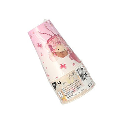Ten PAPSTAR cardboard drinking cups (0.2 L, Ø 7 cm, 9.7 cm) from PAPSTAR GmbH are wrapped in foil and feature a smiling unicorn with flowers and butterflies. The side label contains barcode and product information.