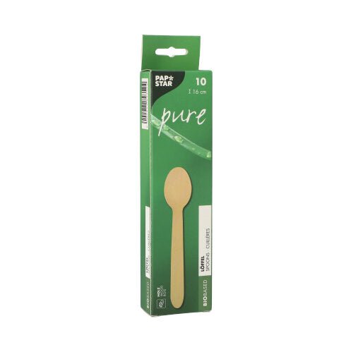 A green box with the inscription "PAPSTAR 10 spoon, wood 'pure'" from PAPSTAR GmbH contains 10 eco-friendly disposable wooden spoons (16 cm), which are decorated on the front with a spoon image and biodegradable symbols.