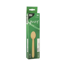 A green box with the inscription "PAPSTAR 10 spoon, wood 'pure'" from PAPSTAR GmbH contains 10 eco-friendly disposable wooden spoons (16 cm), which are decorated on the front with a spoon image and biodegradable symbols.