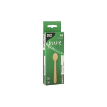 A green box with the inscription "PAPSTAR wooden coffee spoon 'pure', 11 cm, eco-friendly" from PAPSTAR GmbH contains 10 eco-friendly coffee spoons, with spoon illustration and product information on the packaging.
