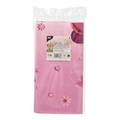 A PAPSTAR tablecloth, paper (120 cm x 180 cm) from PAPSTAR GmbH in pink with floral and heart pattern, partially visible in clear packaging with front label – perfect for stylish table decoration at your next celebration.