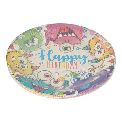 The PAPSTAR 10 plates, round cardboard Ø 23 cm from PAPSTAR GmbH features colorful cartoon monsters and “Happy Birthday” on a white background with confetti – perfect for parties and events.
