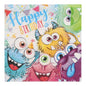 A vividly illustrated birthday card with five cartoon monsters and "Happy Birthday" in blue and yellow perfectly matches PAPSTAR GmbH 20 napkins, 33 cm x 33 cm, 3-ply, Design Set 4.