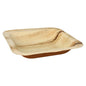 The PAPSTAR 25 seal bowls palm leaf "pure" square from PAPSTAR GmbH are square, flat disposable plates made from biodegradable palm leaf with visible grain and slightly raised edge.