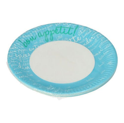 PAPSTAR 10 plates, paper round Ø 23 cm from PAPSTAR GmbH: Round disposable plates with a blue rim and white handwriting ("Guten Appetit!" in green), ideal for parties and events. The center is plain white.