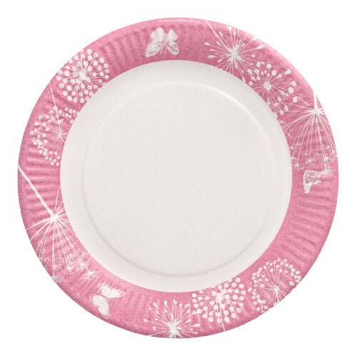 The 10 paper plates, round Ø 23 cm from PAPSTAR GmbH feature a pink rim with white dandelion and butterfly motifs. The center is plain white, making this disposable plate ideal for parties and events.