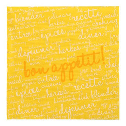 The 20 PAPSTAR napkins (40 x 40 cm, 3-ply, 1/4 fold) from PAPSTAR GmbH feature a yellow design with French and English culinary words in white and “bon appétit” in orange – ideal for adding charm to your table.