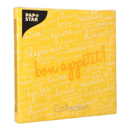 A square yellow pack with 20 PAPSTAR napkins (40x40 cm, 3-ply, 1/4 fold) shows “Guten Appetit” in white-orange lettering, with a black PAPSTAR label at the top left from PAPSTAR GmbH.