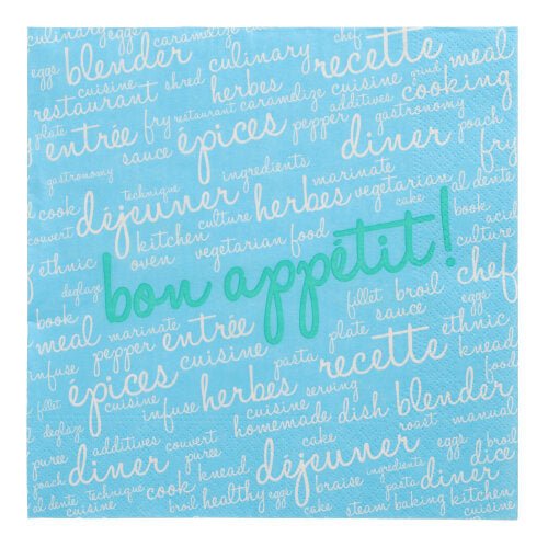 The 20 napkins (40 x 40 cm, 3-ply, 1/4 fold) from PAPSTAR GmbH are made of blue napkins with French and English culinary words in white and green – a combination of stylish design and high quality for an elegant table.