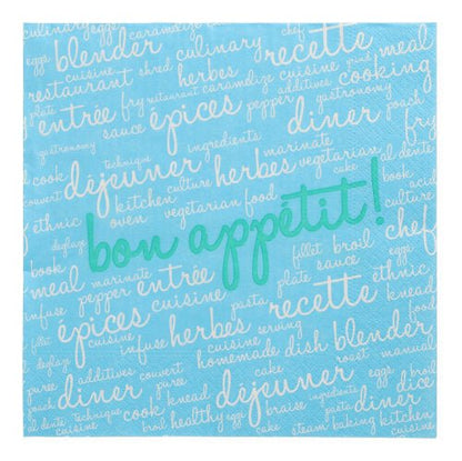 The 20 napkins (40 x 40 cm, 3-ply, 1/4 fold) from PAPSTAR GmbH are made of blue napkins with French and English culinary words in white and green – a combination of stylish design and high quality for an elegant table.