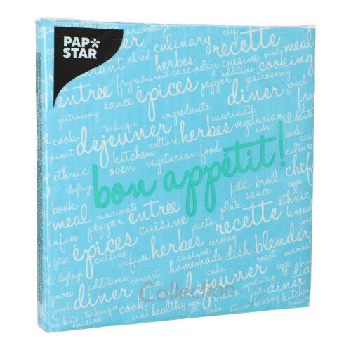 The PAPSTAR 20 napkins (40x40 cm, 3-ply, 1/4 fold) from PAPSTAR GmbH are delivered in a light blue packaging with the white-blue-green text “Guten Appetit” themed around food and the brand logo in the top left corner.