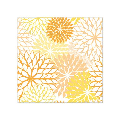 A square image with a repeating floral pattern in yellow, orange, and beige on white – ideal for table decoration or as vibrant PAPSTAR 20 napkins (25 x 25 cm, 3-ply, 1/4-fold) from PAPSTAR GmbH.