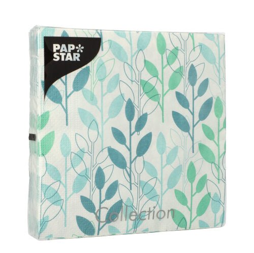 A sealed package of PAPSTAR GmbH 20 napkins, blue, 3-ply, 33 x 33 cm, 1/4-fold, with "Collection" on the front.