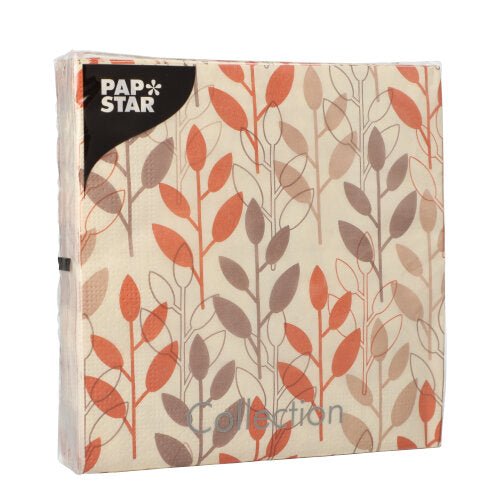A pack of PAPSTAR 20 red 3-ply napkins (33 x 33 cm, 1/4-fold) from PAPSTAR GmbH, packed in a clear plastic packaging.