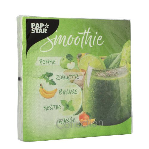 A green pack from PAPSTAR GmbH: 20 3-ply napkins (33x33 cm, 1/4 fold), "Design Set 2", with motifs of apple, banana, mint, arugula, and orange - perfect for stylish occasions.