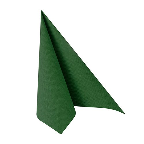 A PAPSTAR GmbH "ROYAL Collection" napkin, 40 x 40 cm in green, from the 50-pack is folded upright into a triangle with pointed ends, depicted on a white background.