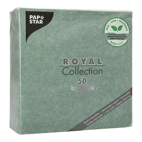 A green package of PAPSTAR GmbH 50 napkins "ROYAL Collection" 1/4-fold napkins (40 x 40 cm, green) offers a textile-like, very soft touch; bio-based and multilingual labeled.