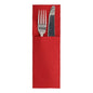 Silver fork and knife lie in a red napkin pocket folded in the classic cutlery fold style on a white background – an elegant addition to the ROYAL Collection "50 Napkins" (48 x 30 cm) with cutlery fold by PAPSTAR GmbH.