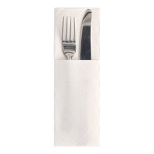 A fork and a knife made of metal lie side by side in a 50-pack of "ROYAL Collection" napkins by PAPSTAR GmbH, measuring 48 x 30 cm, folded in the cutlery fold style, forming a pocket where the utensils fit.