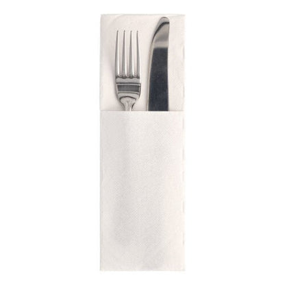A fork and a knife made of metal lie side by side in a 50-pack of "ROYAL Collection" napkins by PAPSTAR GmbH, measuring 48 x 30 cm, folded in the cutlery fold style, forming a pocket where the utensils fit.