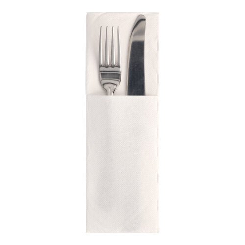 A fork and a knife made of metal lie side by side in a 50-pack of "ROYAL Collection" napkins by PAPSTAR GmbH, measuring 48 x 30 cm, folded in the cutlery fold style, forming a pocket where the utensils fit.