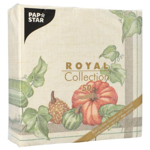 A 50-pack PAPSTAR napkins "ROYAL Collection" (1/4-fold, 40x40cm) from PAPSTAR GmbH with a beige-green pumpkin, squash, and leaf motif.