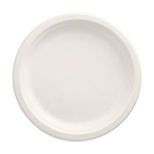 A PAPSTAR 100 plate, sugarcane "pure" undivided, white from PAPSTAR GmbH is presented in a top view on a white background. Its smooth surface and raised edge make it the ideal eco-friendly disposable plate for sustainable dining.
