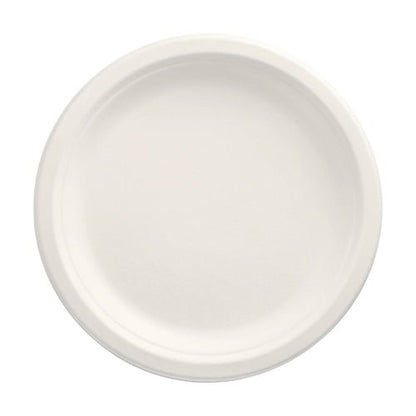 A PAPSTAR 100 plate, sugarcane "pure" undivided, white from PAPSTAR GmbH is presented in a top view on a white background. Its smooth surface and raised edge make it the ideal eco-friendly disposable plate for sustainable dining.