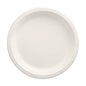 A PAPSTAR 100 plate, sugarcane "pure" undivided, white from PAPSTAR GmbH is presented in a top view on a white background. Its smooth surface and raised edge make it the ideal eco-friendly disposable plate for sustainable dining.