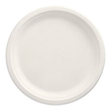 A simple, round PAPSTAR 100 plate made of sugarcane "pure," white, by PAPSTAR GmbH, with a slightly raised edge and without patterns or decorations, is seen from above on a white background.