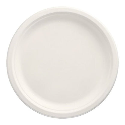 A simple, round PAPSTAR 100 plate made of sugarcane "pure," white, by PAPSTAR GmbH, with a slightly raised edge and without patterns or decorations, is seen from above on a white background.