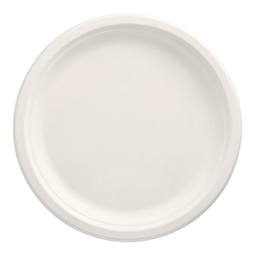 A simple, round PAPSTAR 100 plate made of sugarcane "pure," white, by PAPSTAR GmbH, with a slightly raised edge and without patterns or decorations, is seen from above on a white background.