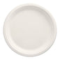 A simple, round PAPSTAR 100 plate made of sugarcane "pure," white, by PAPSTAR GmbH, with a slightly raised edge and without patterns or decorations, is seen from above on a white background.