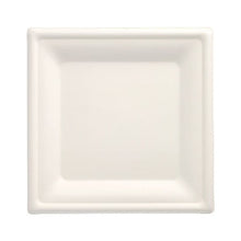 The PAPSTAR 100 plates, sugarcane "pure" square in white by the PAPSTAR GmbH is a square, minimalist plate with a raised edge. Made from biodegradable sugarcane, it offers an eco-friendly alternative to disposable plates. Pictured against a white background.