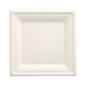 The PAPSTAR 100 plates, sugarcane "pure" square in white by the PAPSTAR GmbH is a square, minimalist plate with a raised edge. Made from biodegradable sugarcane, it offers an eco-friendly alternative to disposable plates. Pictured against a white background.