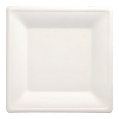 The 100 plates, sugarcane “pure” square, white by the PAPSTAR GmbH is a white, square, biodegradable plate with a slightly raised edge – an eco-friendly disposable option, photographed from above against a white background.
