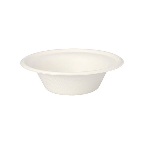 The PAPSTAR 100 bowls, “pure” sugarcane from the PAPSTAR GmbH is a simple, white, round disposable bowl made from eco-friendly sugarcane, featuring a wide rim and smooth sides, shown against a white background.